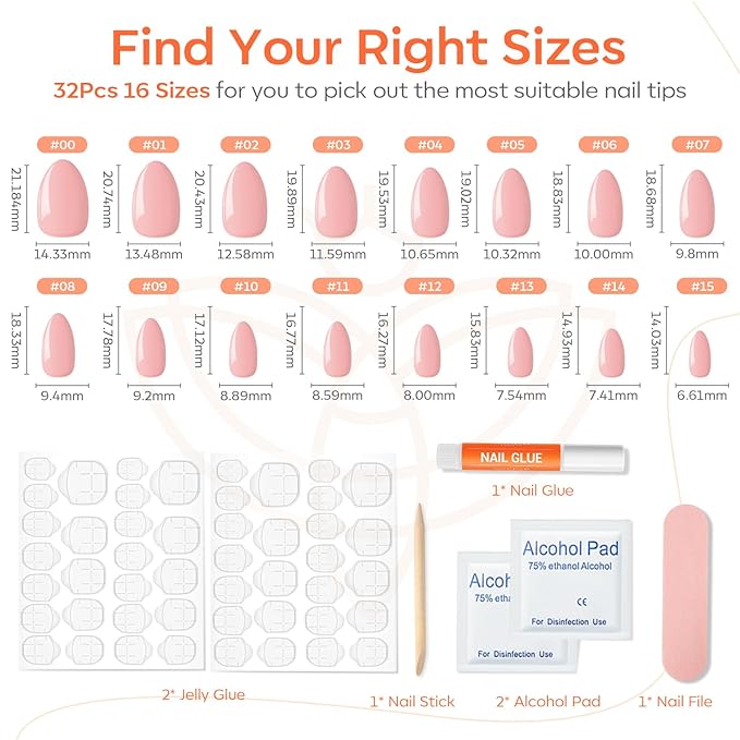 Modelones Pink Press on Nails Almond, Spring Easter Medium Fake Nails, Reusable Nail Kit with Nail Glue Adhesive Tabs Mini Nail File, Nails Press Ons 32Pcs 16 Sizes, Women Girl Gift