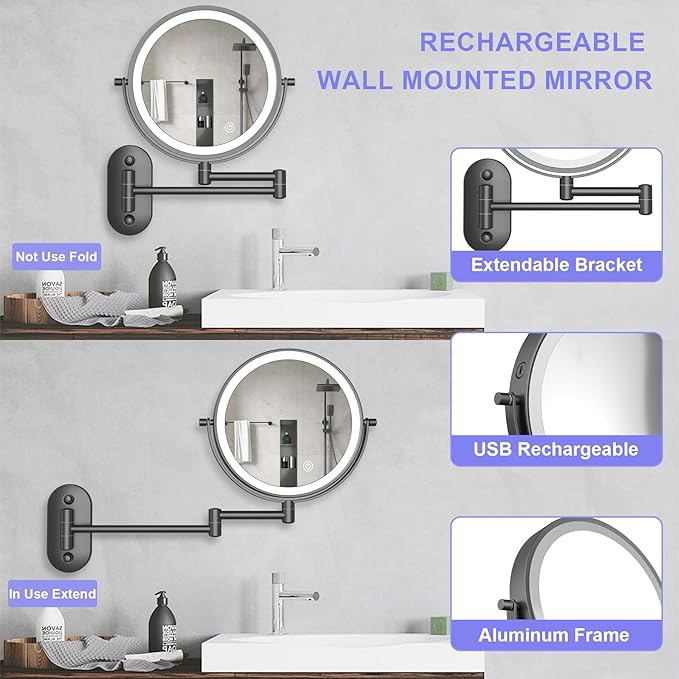 8“Wall Mounted Makeup Mirror With Lights, 10x Magnifying Mirror Wall Mount for Vanity, Bathroom and Shaving, Rechargeable Wall Mounted Makeup Mirror Swing Arm with Adjustable Brightness (Black-10X)