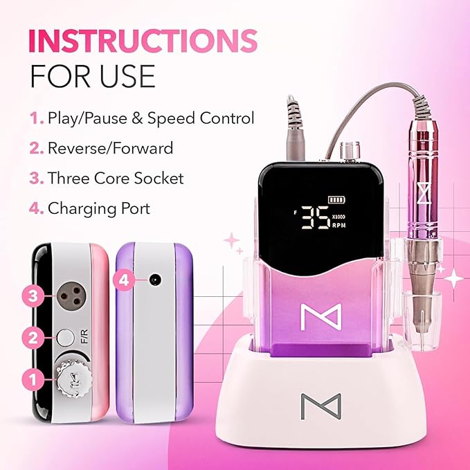 M Mase- Professional Nail Drill Machine - 2-in-1 Nail File - Cordless, 35000 RPM, HD Display - Gift for Her - Electric Nail Drill for Professional & Home Use (Rose Gold)