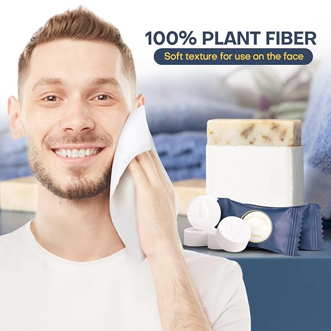 Compressed Disposable Face Towel Cleaning Kit 100pcs,Portable & Compact Travel Size Towel Wash Cloth Cotton Wipes Tablets Coin Tissue Towelettes for Hotel Camping Backpacking Hiking(Dark Blue)