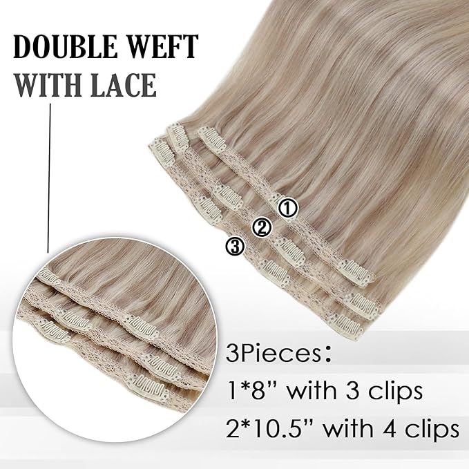 Full Shine Clip in Hair Extensions Real Human Hair Ash Blonde Highlight Invisible Clip in Hair Extensions for Women Hairpiece Blonde Extensions Clip ins 3 Pcs 12 Inch 60 G