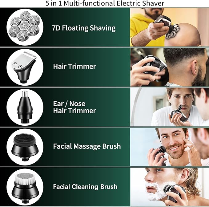 Head Shaver for Bald Men 7D, Bald Head Shavers for Men Wet&Dry,CHLANT 5-in-1 Electric Head Shaver for Men Head Razor Cordless Rechargeable Waterproof, Electric Razor for Men Rotary Shaver Grooming Kit