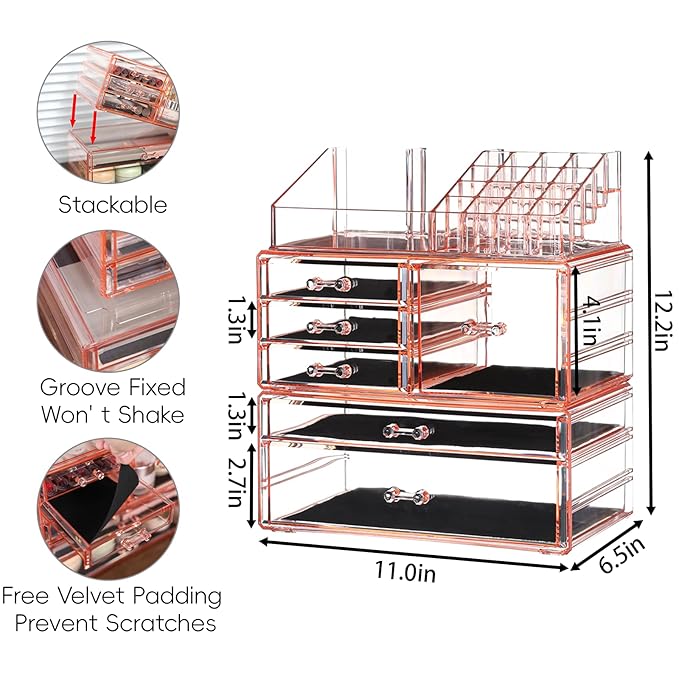 Cq acrylic 3 Pack Women and Mens Bathroom Organizer With Stackable 6 Drawers,Large Bathroom Makeup Organizer Countertop and Storage for Vanity, Great for Cosmetics, Skin Care, Lipsticks,Nail Care,Pink