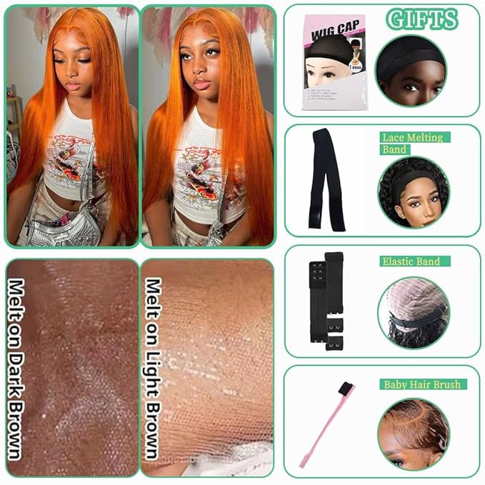 Azkiu Ginger Orange Lace Front Wigs Human Hair Colored Straight Lace Front Wig 13x4 Hd Frontal Wigs Human Hair Pre Plucked With Baby Hair Ginger Wig Lace Front for Women 150% Density 14Inch