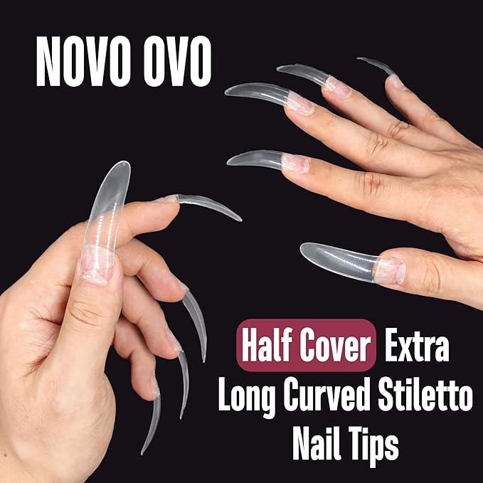 500 pcs Half Cover Extra Long Hawk Curved Stiletto/Almond Nail Tips, XXL 2XL Sharp False Nails for Acrylic, Clear QUEEN STILETTO CURVE Eagle Claw Gel Extension x 10 Sizes in Bag for Salon