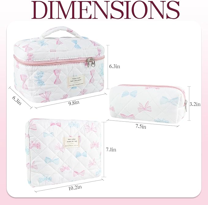 3Pcs Quilted Makeup Bag, Cute Floral Cotton Cosmetic Bag set, Coquette Bow Makeup Pouch Large Travel Toiletry Bag