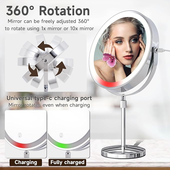 9"Lighted Makeup Mirror, Vanity Mirror with Lights,3000 mAh Rechargeable Height Adjustable,1x/10x Magnifying Mirror with 3 Color, Brightness Adjustable,360° Rotation Double Sided Mirror, Women Gift