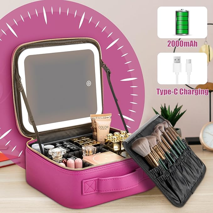 Makeup Travel Train Case with Mirror LED Light 3 Adjustable Brightness Cosmetic Bag Portable Storage Adjustable Partition Waterproof Makeup Brushes Makeup Jewelry Gift for Women
