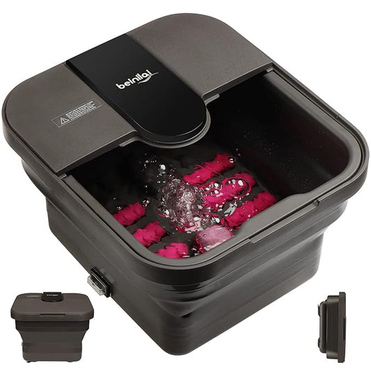 Beinilai Collapsible Pedicure Foot Spa with Heat and Massage and Bubble Jets,Foot Soak Tub with 6 Foot Rollers,Acupressure Massage Points,Red Light and Removable Pumice Stone(Dark Grey)