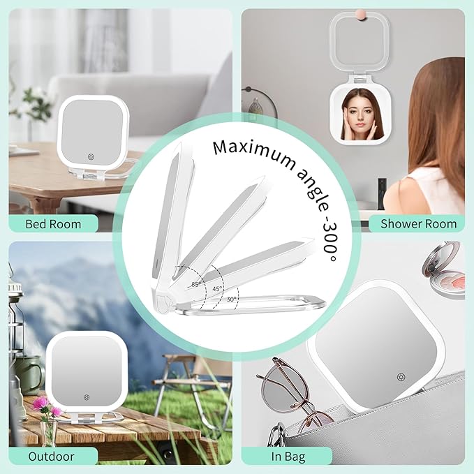 FASCINATE 10X Magnification Rechargeable Travel Makeup Mirror, Lighted Portable Vanity Mirror with 3 Colors Lighting & Stepless Dimming, Double Sided LED Mirror, Gift for Women (White)