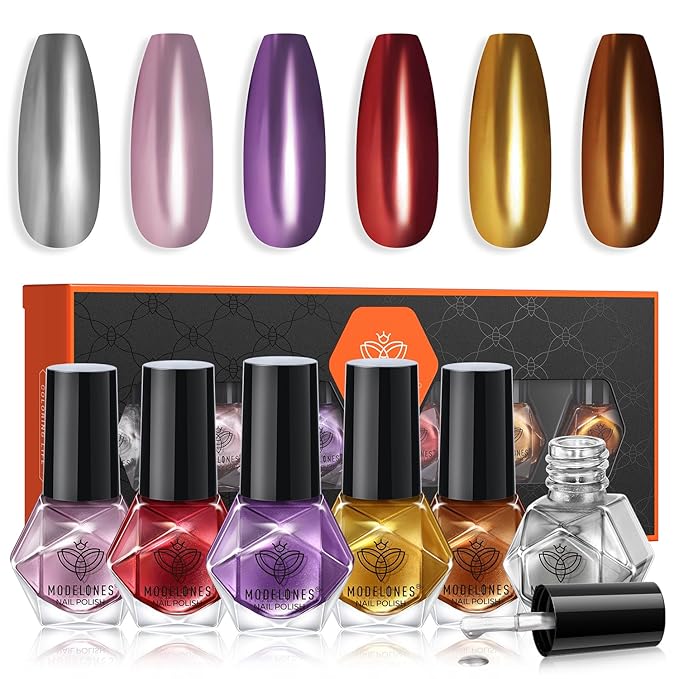 modelones Nail Polish Set 6 Colors, Metallic Mirror Red Pink Gold Silver Purple Chrome Mini Nail Lacquer Kit, Holographic Quick Dry Home DIY Manicure Nail Art Holiday Xmas Gift for Women Girls Party