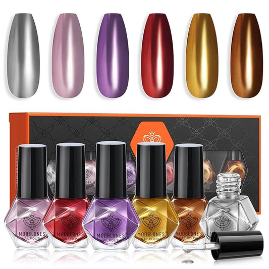 modelones Nail Polish Set 6 Colors, Metallic Mirror Red Pink Gold Silver Purple Chrome Mini Nail Lacquer Kit, Holographic Quick Dry Home DIY Manicure Nail Art Holiday Xmas Gift for Women Girls Party