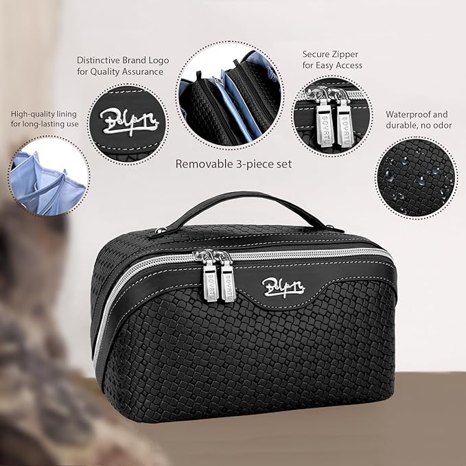 BOYATU Travel Makeup Bags for Women: 3-Set Large Capacity Make up Bags with Compartments - PU Leather Cosmetic Bag for Traveling (L08 Black)