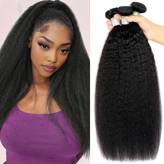 Kinky Straight Bundles Human Hair 18 20 22 Inch Yaki Straight Bundles Human Hair 3Pcs Sew in Kinkystraight Remy Hairs Extension 12A 100% Unprocessed Brazilian Virgin Hair Weave Natural Color