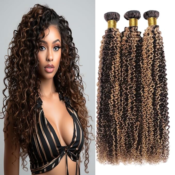 Ombre Bundles Highlight P1B/30 Deep Curly Human Hair Bundles Two Tone Black Mixed With #30 Blonde Curly Bundles Brazilian Human Hair Weave Wet and Wavy for Black Women 18 20 22 Inch