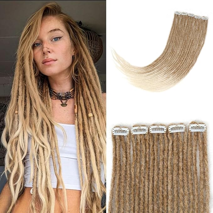 5 PCS Clip In Dreadlock Extensions, 24 inch 20 Strands Ombre Brown Synthetic Clip In Dreads Extensions for Woman
