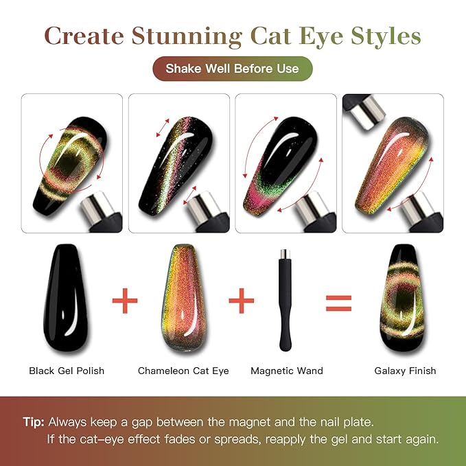 9D Cat Eye Gel Nail Polish Set, 15ml Black + 15ml Ruby Gaze Cat Eye Gel, Includes Silicone Handle Cylinder Magnetic Stick for Mesmerizing 9D Effects