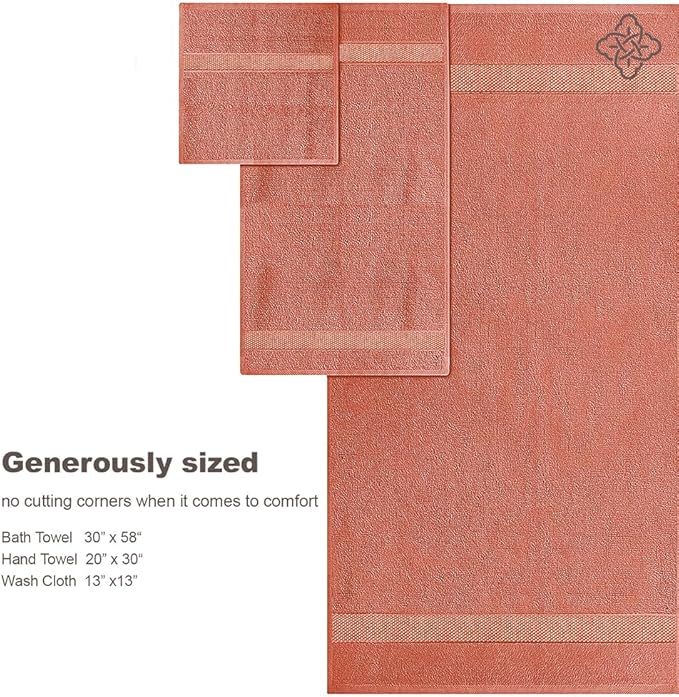 BIOWEAVES 100% Organic Cotton 6-Piece Luxury Bathroom Towels Set GOTS Certified 700 GSM, 2 Bath Towels, 2 Hand Towels & 2 Wash Cloths - Burnt Orange