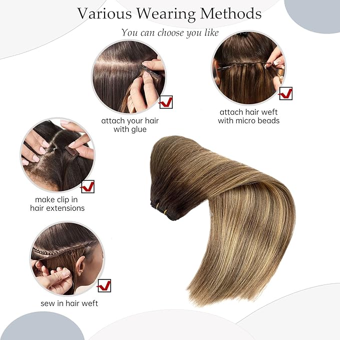 Sew in Hair Extensions Real Human Hair, 20 Inch 100G Weft Hair Extensions Human Hair Ombre Ash Brown Balayage Golden Blonde Highlights Human Hair Weft Extensions Weave Bundles Human Hair for Women