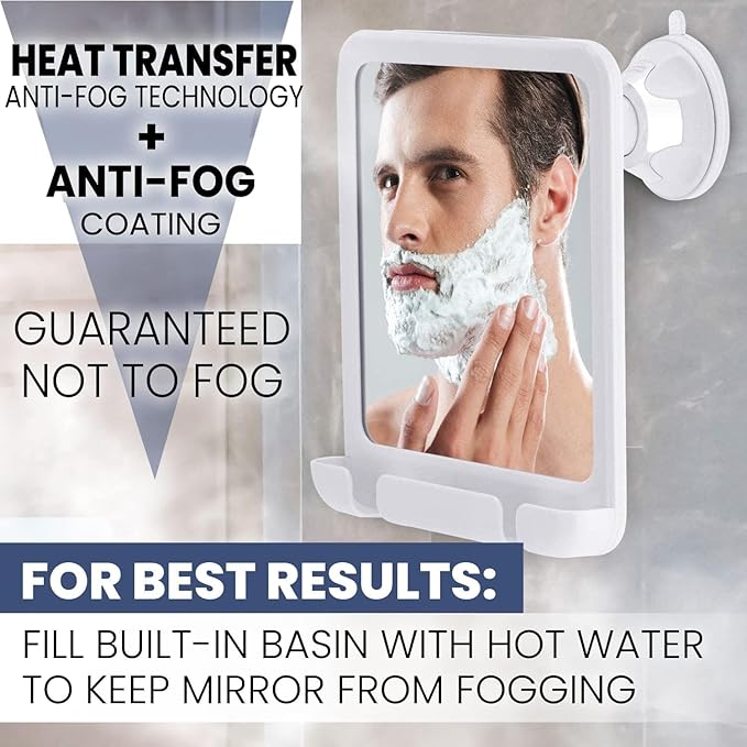 MIRRORVANA Shower Shaving Mirror with Dual Anti Fog - Fogless Shatterproof Surface with Razor Holder and Strong 360° Suction Cup (8" x 7", White)
