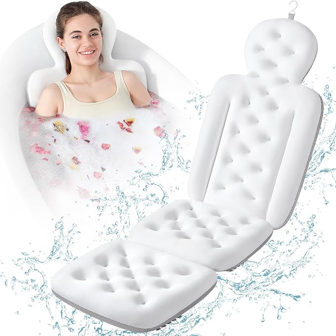 Luxury Bath Cushion, Full Body Bathtub Pillow with 160 Suction Cups, Bath Mat for Head and Neck Support, with Laundry Bag (White, 51.2" x 16.2")