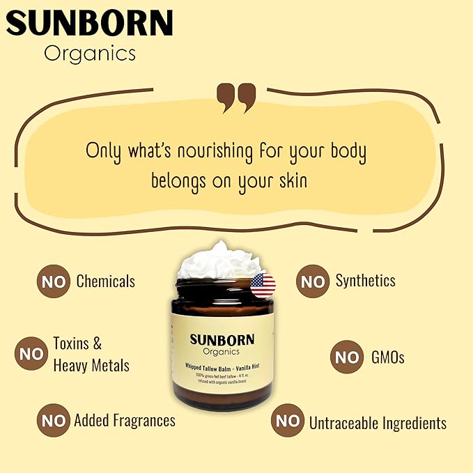 Pure Whipped Tallow Balm | 100% Organic Grass-Fed Beef Tallow Face Moisturizer & Lip Balm (4oz, Vanilla Hint)