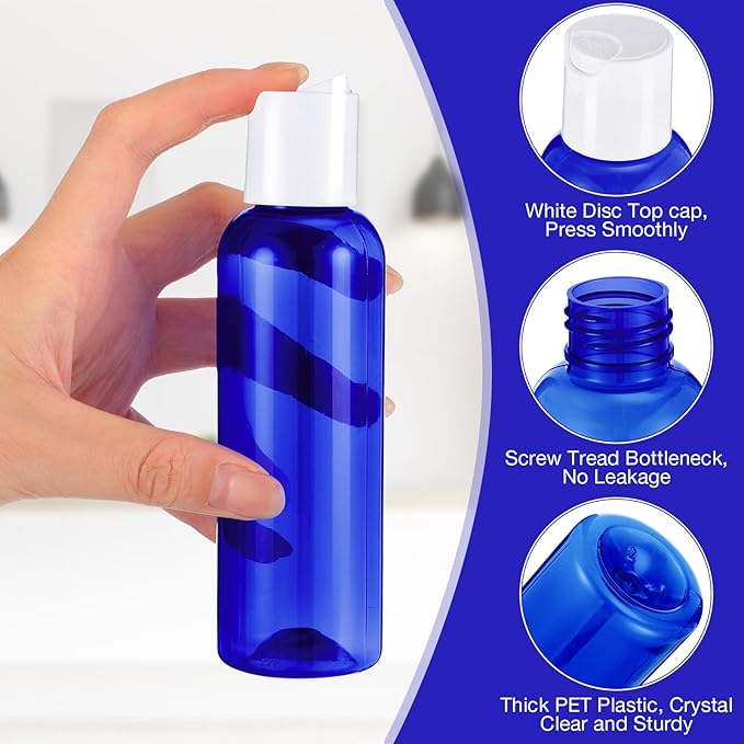 50 Pcs 4oz Empty Plastic Travel Bottles with Disc Top Flip Cap Small Travel Size Bottles Blue Refillable Empty Containers for Shampoo Lotion Liquid Body Soap Cream Toiletries