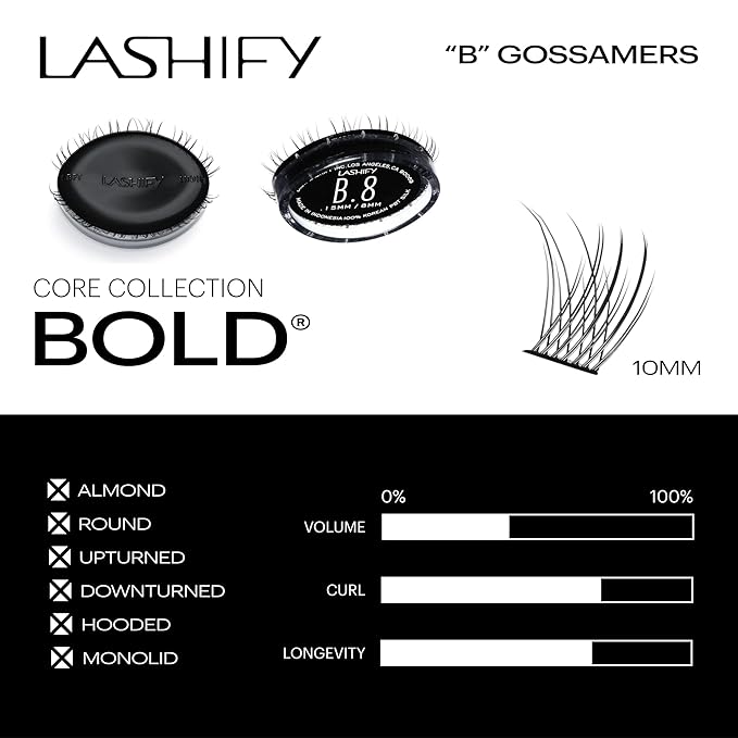 Lashify Bold 8mm Gossamer Eyelash Extensions Refill, Black, DIY False Lashes for a Natural Look