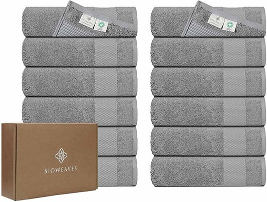 BIOWEAVES 100% Organic Cotton 700 GSM Plush Washcloths 13" x 13" GOTS Certified - Light Grey, Pack of 12