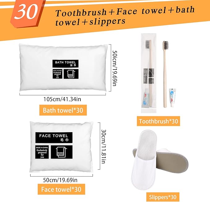 Uiifan 30 Sets Basic Toiletry Homeless Personal Set Disposable House Slippers Disposable Towel Washcloth face Cloths Disposable Toothbrush with Toothpaste Individually Wrapped for Spa Hotel Camp Hike