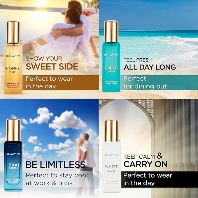 Women's Perfume Gift Set (4 x 0.68 fl. oz. & 3.4 fl. oz.) | Includes Honey Oud, Skai, Fresh, White Oud | Perfect for Men & Women | Woody, Floral, Sweet & Spicy Scents for Gifting & Daily Wear