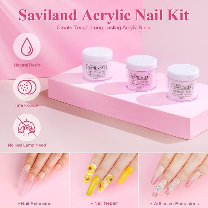 Saviland Acrylic Nail Kit – 61 in 1 Nail Kit Set Full Acrylic Powder Set with Everything Nail Supplies Acrylic Nail Liquid Nails Tips & Glue for Beginners Nail Extension French Manicure Home DIY