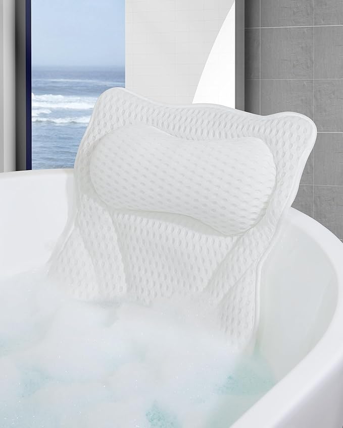 Bath Pillow, Bath Pillows for Tub Neck and Back Support, Soft 4D Air Mesh Bathtub Pillow 16.5 x 17.3 INCH, with 6 Powerful Suction Cups, Bath Accessories Relaxing Gifts for Women (White)