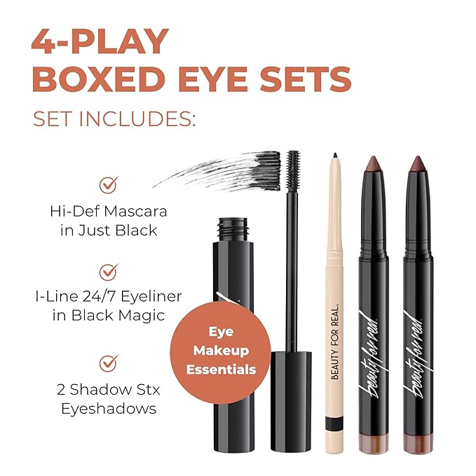 Beauty for Real 4-Play Boxed Eye Set, Burgundy - Includes Hi-Def Mascara (Just Black), I-Line 24/7 Eyeliner (Black Magic), and Shadow Stx Eyeshadow in Midnight Marathon & All Day Latte