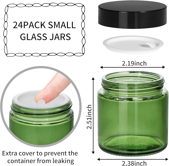 KEYWING 4oz Small Glass Jars with Black Lids, 24 Pack Green Cosmetic Containers Round Glass Jar with Inner Liners for Lotions, Cream, Powders and Ointments