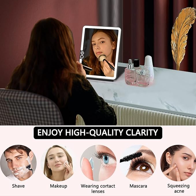 WEILY Portable Travel Mirror Makeup Mirror with 72 LED Lights, Touch Screen Three Colors Dimmable,Ultra Thin, 2000 mAh USB Rechargeable Foldable Cosmetic Mirror（Black）