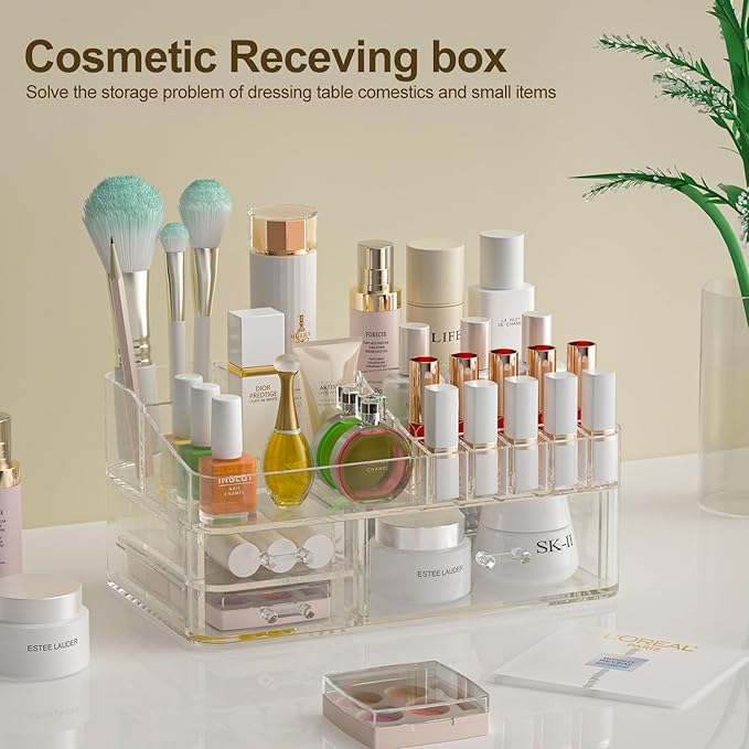 Clear Makeup Organizer for Vanity, Large Acrylic Bathroom Organizer Countertop with 3 Storage Drawers, Skin Care Organizer Storage Cosmetic,Nail Polish, Jewelry, Great for Stationery