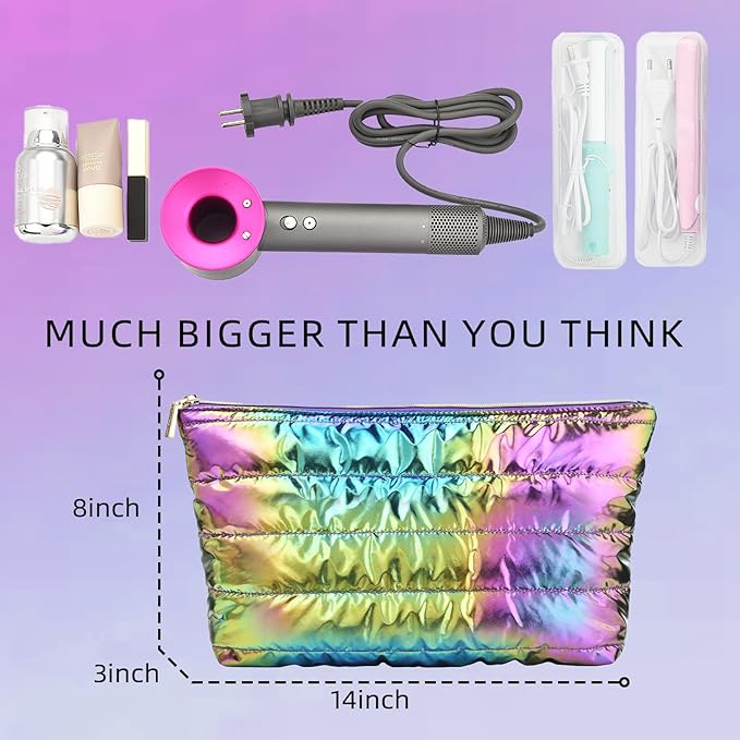 Hiroyuki 3pcs Iridescent Quilted Makeup Bag (plain, rainbow)