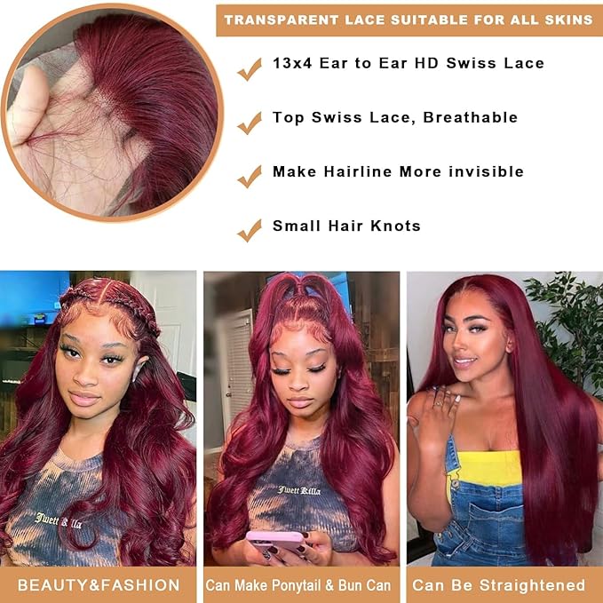 99j Burgundy Lace Front Wigs Human Hair Body Wave Lace Front Wigs Human Hair Pre Plucked 180% Density Wine Red Wig Human Hair Colored Wigs for Women 13x4 HD Lace Frontal Wigs Human Hair 32 inch