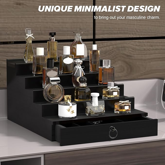 Cologne Organizer for Men, 5 Tier Black Cologne Shelf, Perfume Stand with Drawer and Hidden Compartment Perfume Display Holder - A Gift for Men