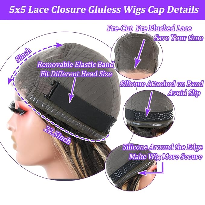 24 Inch Wear and Go Glueless Wigs Human Hair Pre Plucked Pre Cut 5x5 HD Lace Closure Wigs Human Hair Body Wave Wig P4/27 Honey Blonde Ombre Highlight Lace Front Wig 180% Density