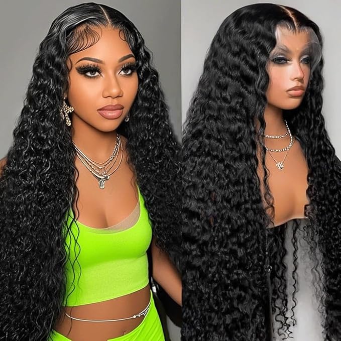 13x6 Deep Wave Lace Front Wigs Human Hair Pre Plucked Curly HD Transparent Lace Front Wig Human Hair for Black Women 180% Density Wet and Wavy Glueless Frontal Wigs with Natural Baby Hair 28 Inch
