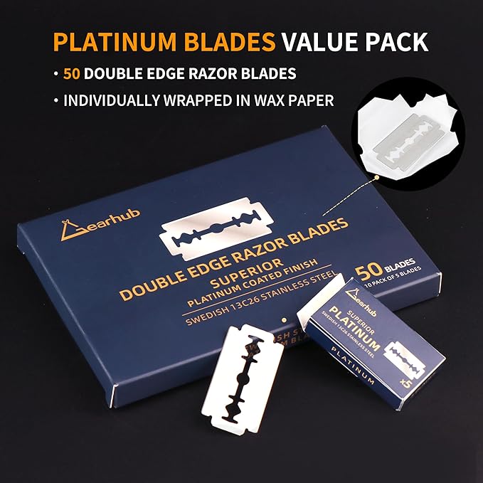 Premium 50 Count Double Edge Safety Razor Blades Refills Swedish 13C26 Stainless Steel Platinum Coated, Mild to Medium Sharpness for Smooth Shaves
