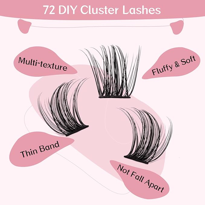 PRO LASHBEAUTY Cluster Lashes, 72 Pcs Individual Lashes, DIY Eyelash Extension, Super Thin Band, Reusable, Soft & Comfortable, Peachy-16mm