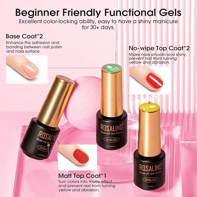 ROSALIND 65PCS Gel Nail Polish Set, 60 Colors Glitter Red Gel Polish with 5 Bottles of Base and Glossy Matte Top Coat Soak off Nail Set Suitable for All Seasons