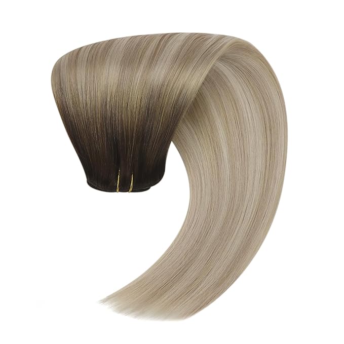 Full Shine Clip in Hair Extensions Real Human Hair Brown Ombre Hair Extensions Clip ins Balayage Darker Brown Fading to Ash Blonde Mix Blonde Extensions Clip ins 7 Pcs 16 Inch 120 G