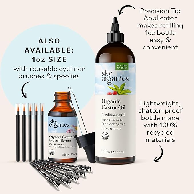 Sky Organics Organic Castor Oil, 100% Pure, Hexane Free, Cold-Pressed to Support Stronger, Fuller-Looking Hair, Eyelashes & Eyebrows,Good for Castor Packs, Navel Oiling, Carrier Oil Use, 16 fl oz