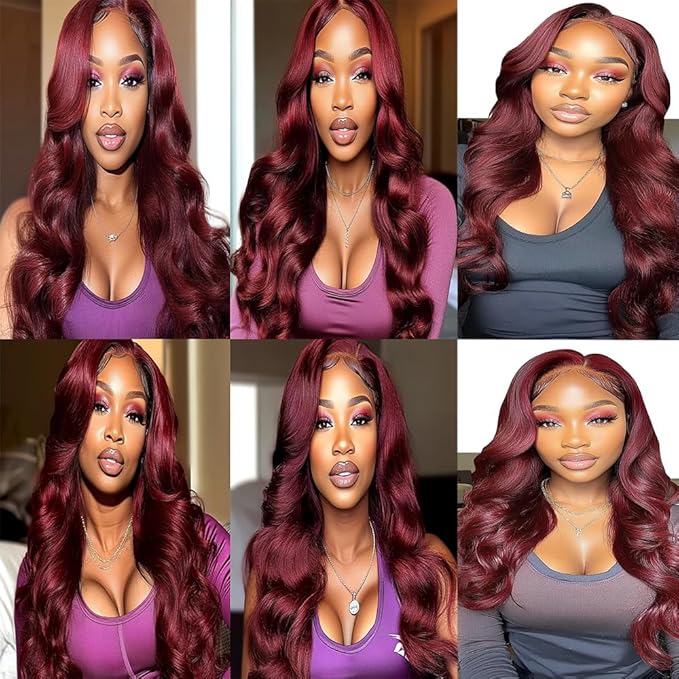 Color 99j Body Wave Bundles Human Hair Burgundy Body Wave Bundles Wine Red Brazilian Human Hair Extensions Weave Wet and Wavy Soft Silky for Black Woman 16 16 16 Inch