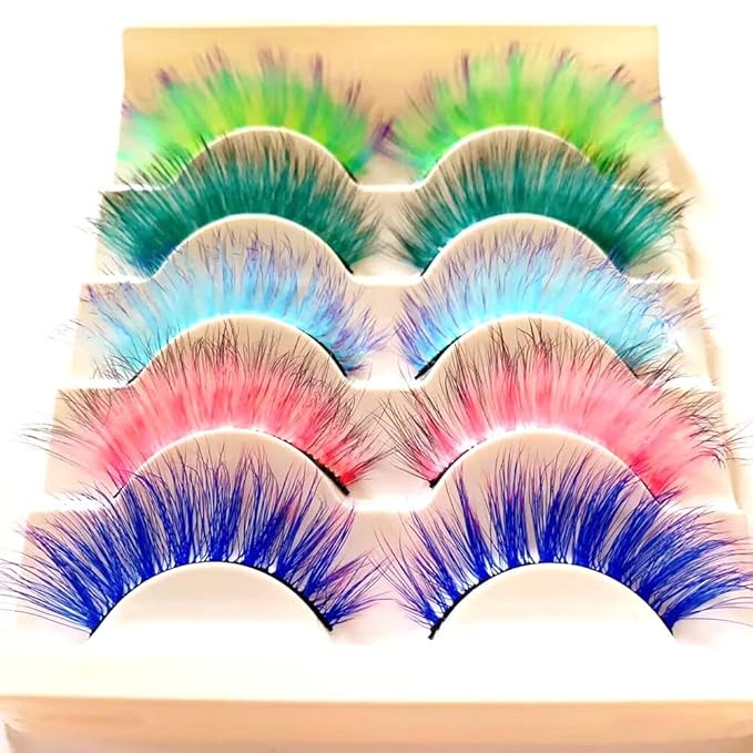 Sunniess Ombre Colored Lashes Silk Protein Fluffy Wispy Volume Fake Lashes for Halloweens Cosplay Party Stage Russian D Curl Lashes with Color Make up Faux Mink False Eyelashes 5 Pairs