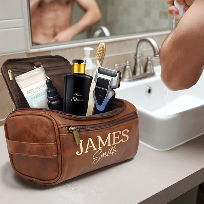 Personalized Toiletry Bag for Men, Dad, Custom Engraved with Pattern and Text Leather Travel Dopp Kit, Handcrafted Travel Gifts For Birthday, Christmas, Anniversary, Father's Day